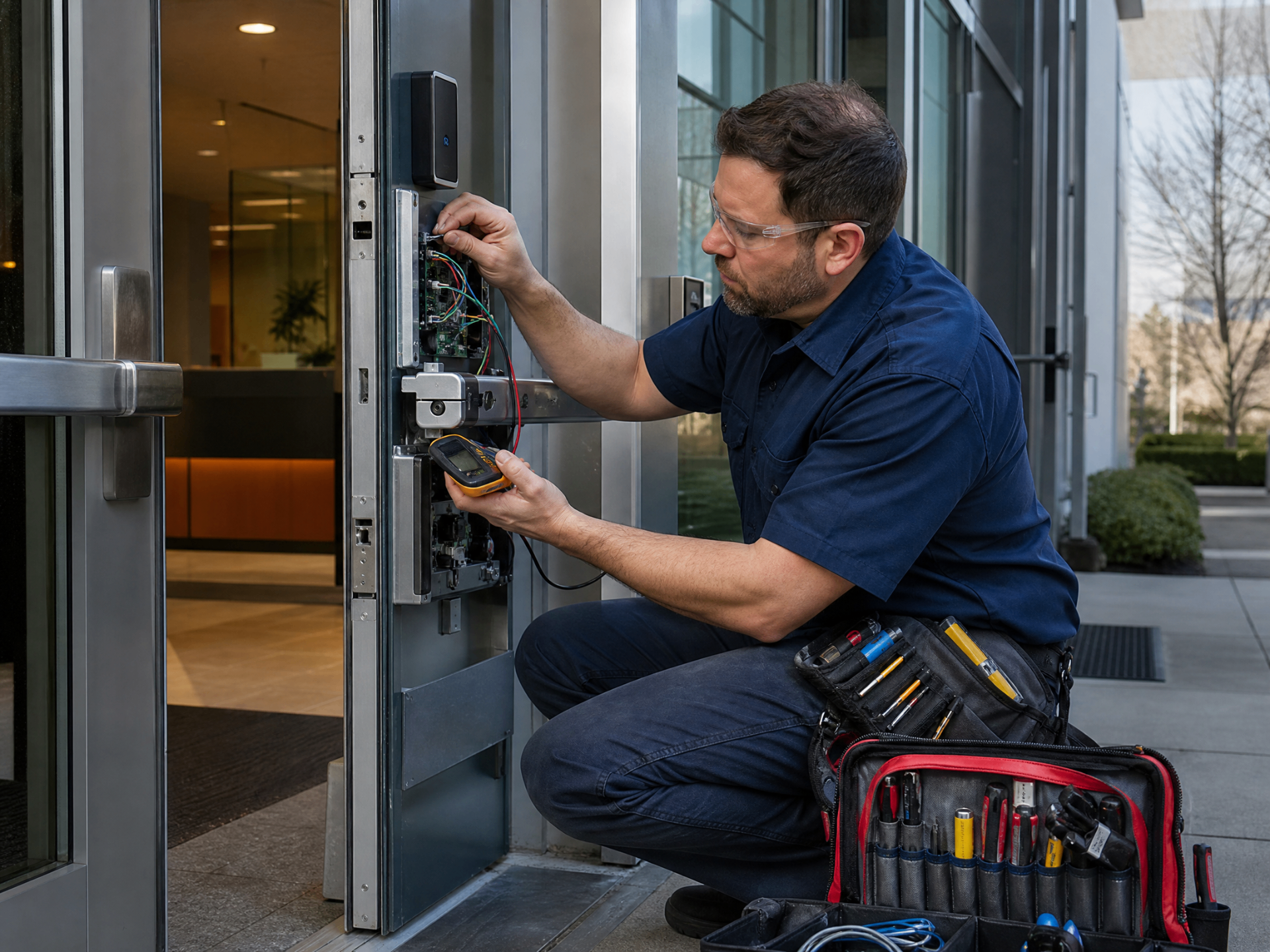 Locksmith wiring a commercial access control reader on a glass storefront door